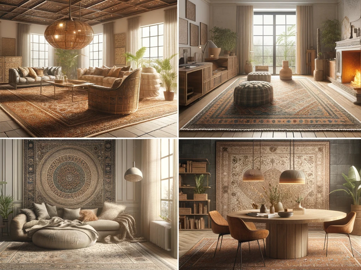 3D rendered room with strategically placed rugs defining spaces and adding warmth