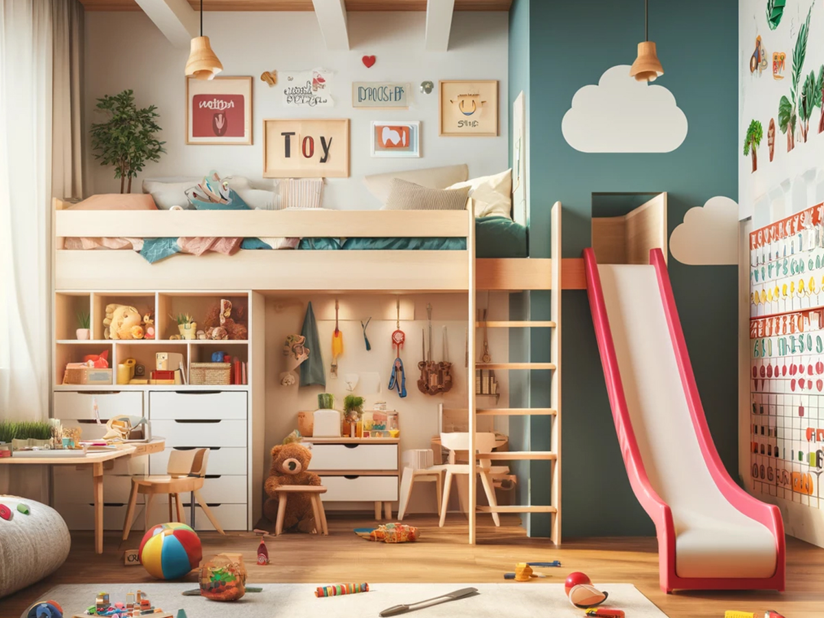 3D rendered kids' room design featuring a balance of fun elements and functional furniture