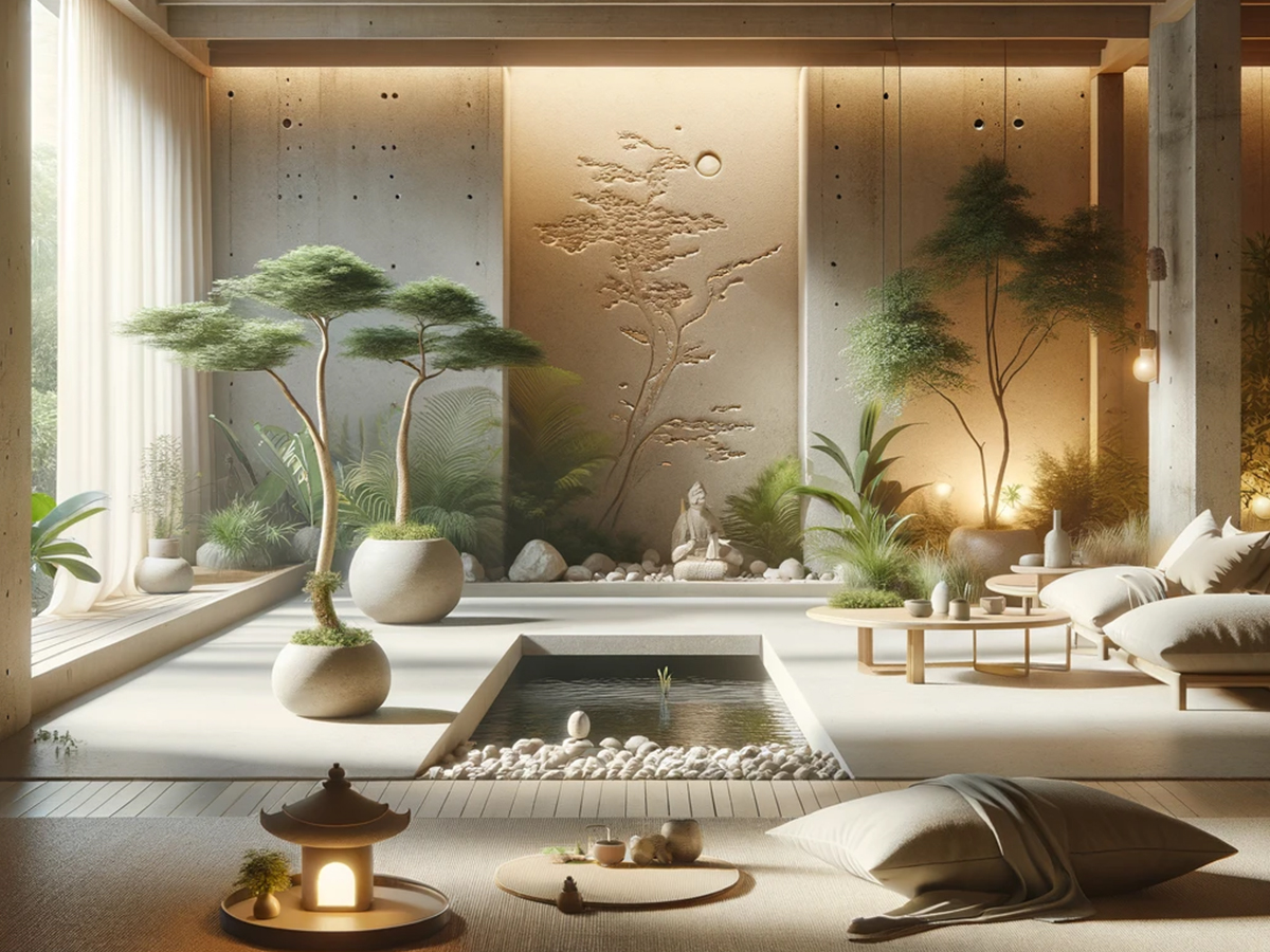 3D rendered zen-inspired space promoting peace and tranquility through minimalist design and natural elements