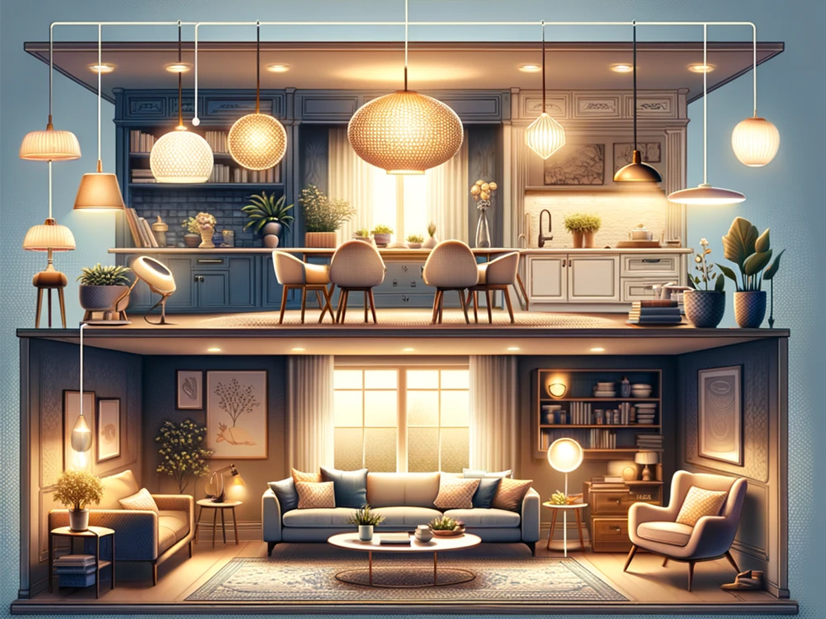 3D rendered room showcasing lighting layers: ambient, task, and accent lighting for optimal illumination