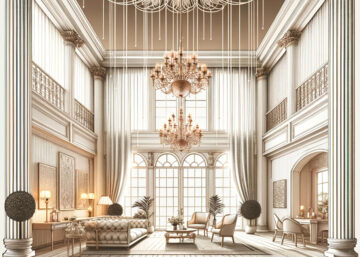 3D rendered interior design showcasing the impact of high ceilings with expert design tips and ideas