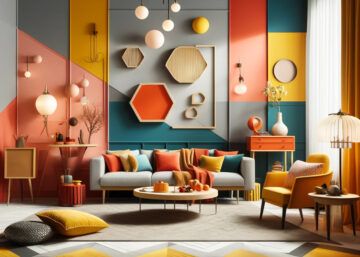 3D rendered interior design showcasing bold color blocking for a modern and vibrant space