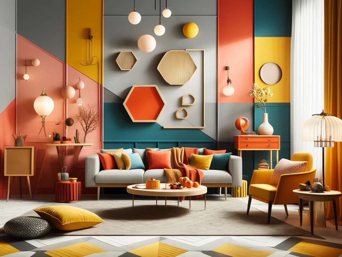 3D rendered interior design showcasing bold color blocking for a modern and vibrant space