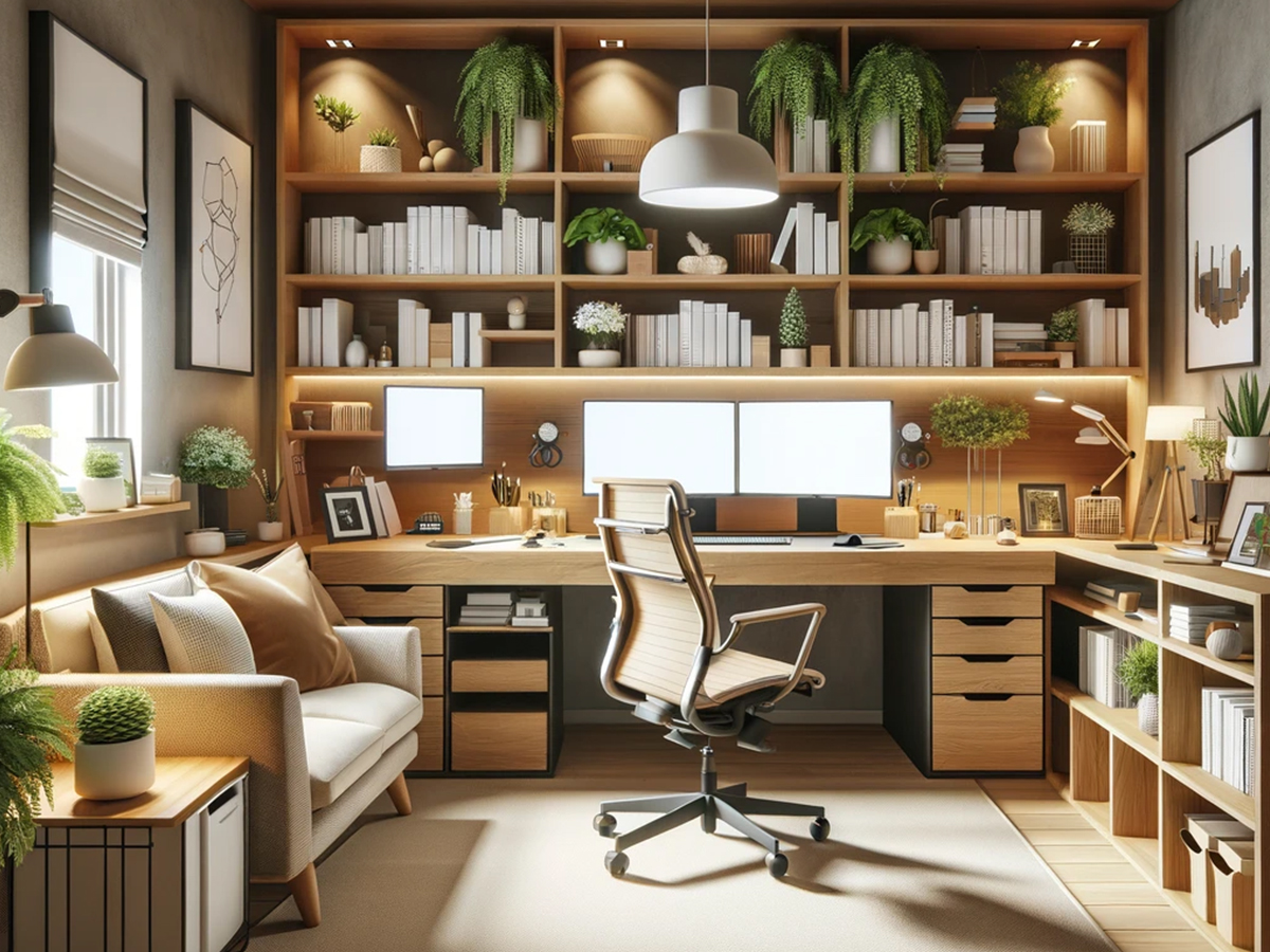 3D rendered home office design showcasing a productive workspace with strategic layout and decor