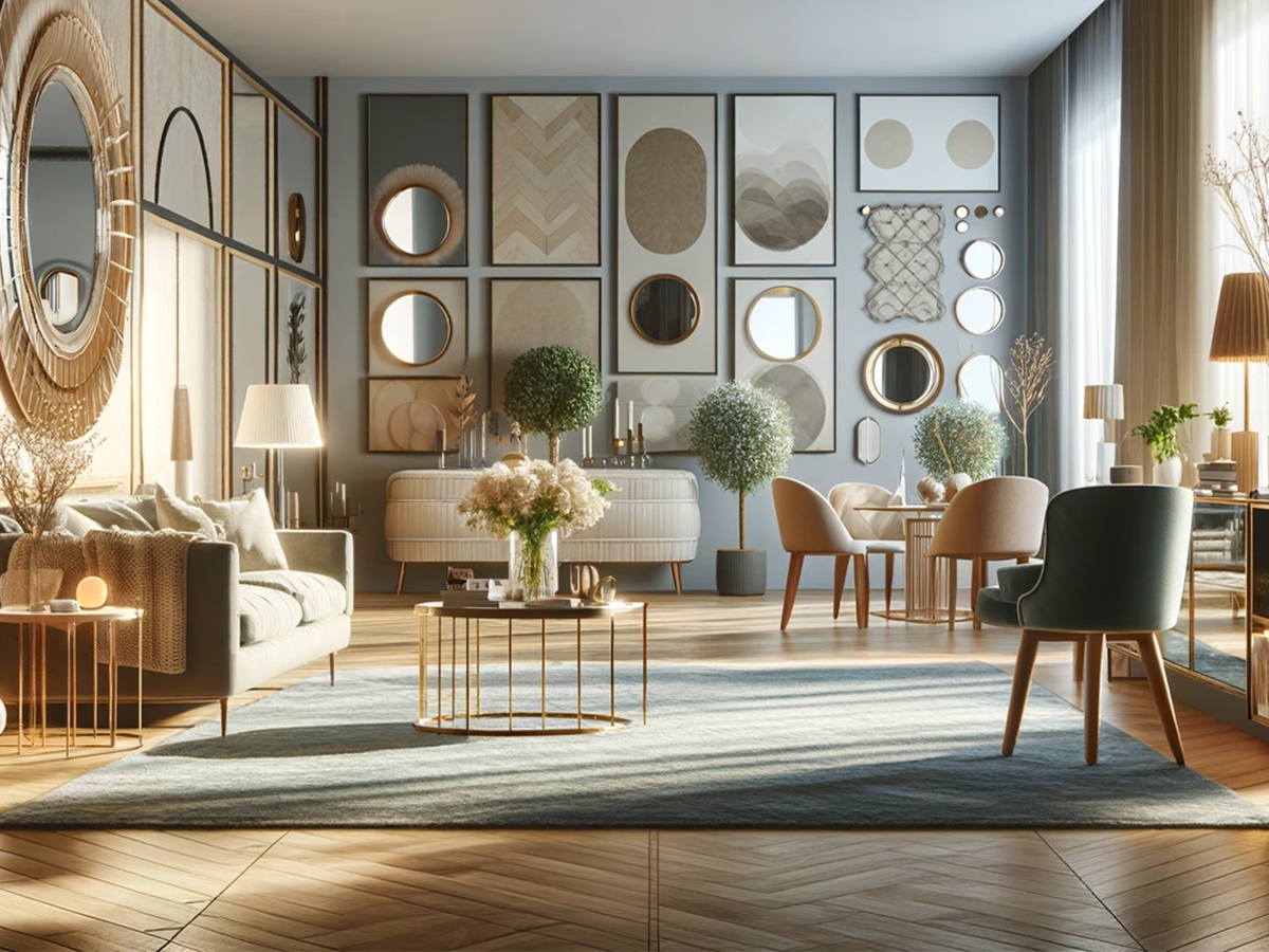 3D rendered interior design featuring mirrors for spaciousness and style