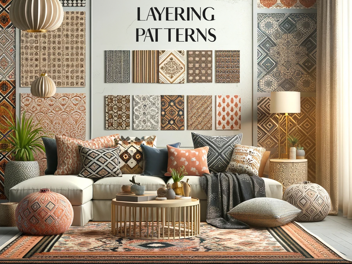 3D rendered interior design showcasing layered patterns for mixing and matching