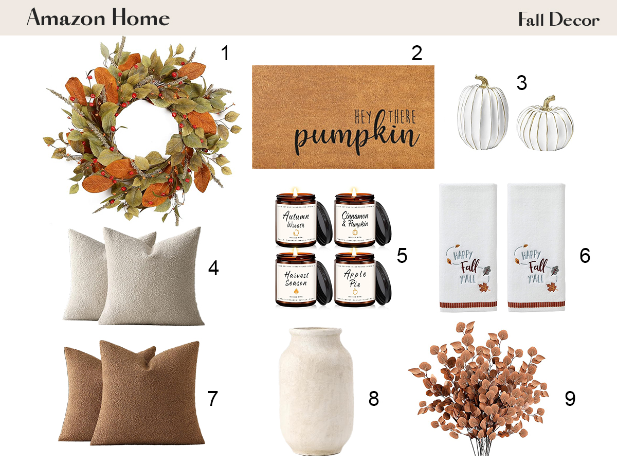 A curated collection of fall decor items from Amazon, including a wreath, doormat, pumpkins, candles, towels, pillows, a vase, and decorative branches.