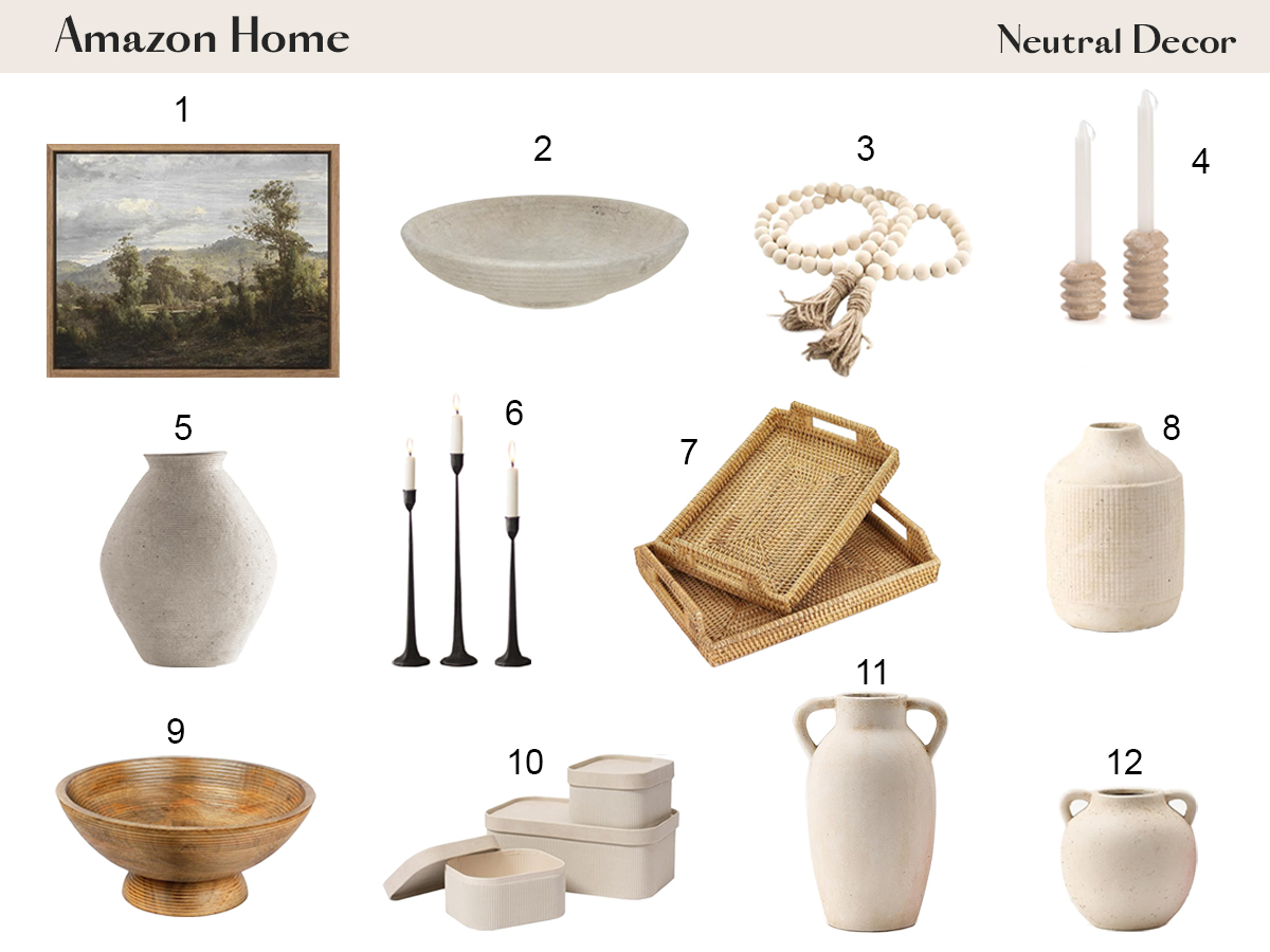 A curated collection of neutral decor items from Amazon, including artwork, bowls, vases, candle holders, and trays.