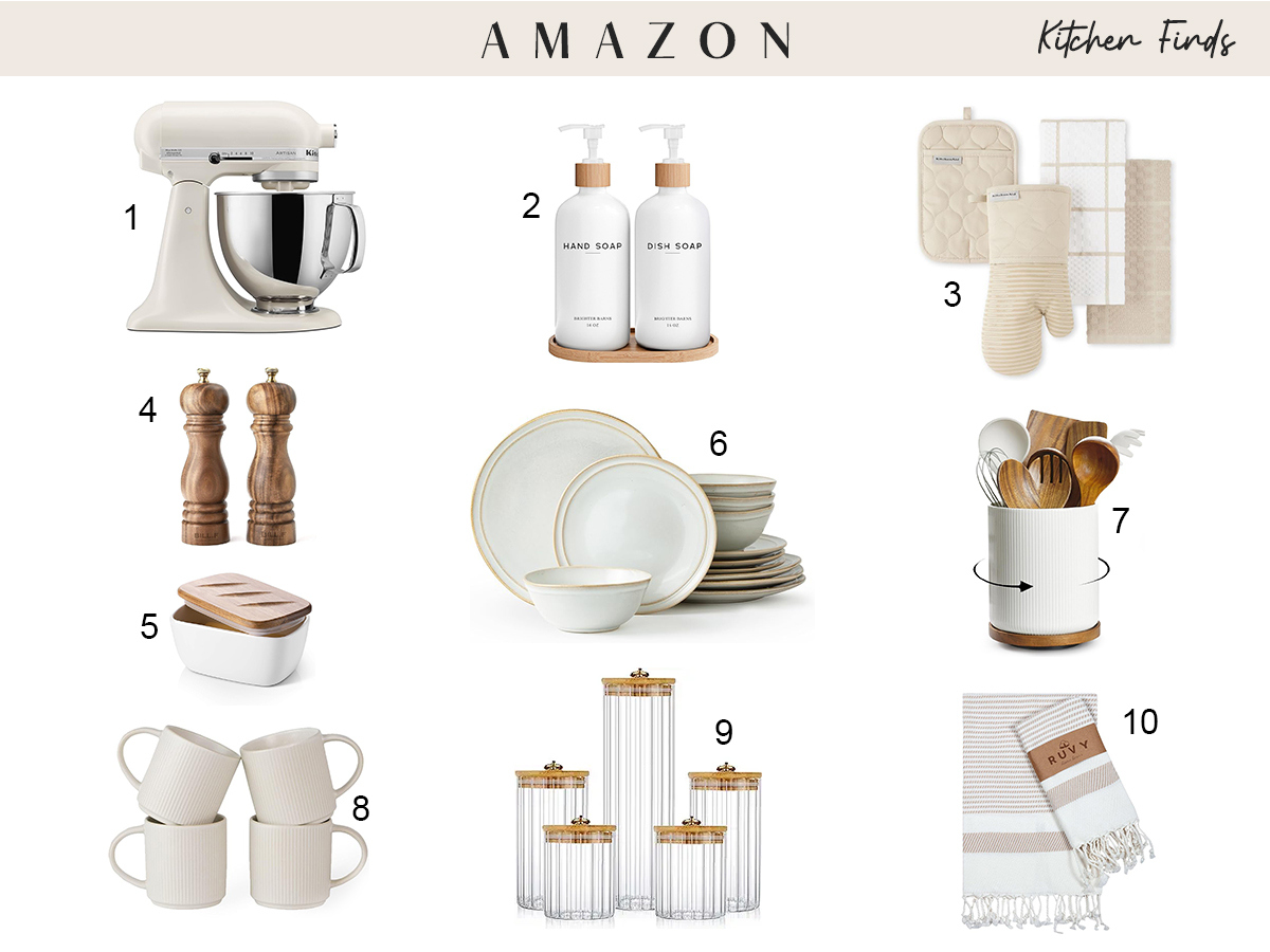 A stylish collection of kitchen items from Amazon Home, featuring a stand mixer, soap dispensers, oven mitts, dinnerware, and storage containers.