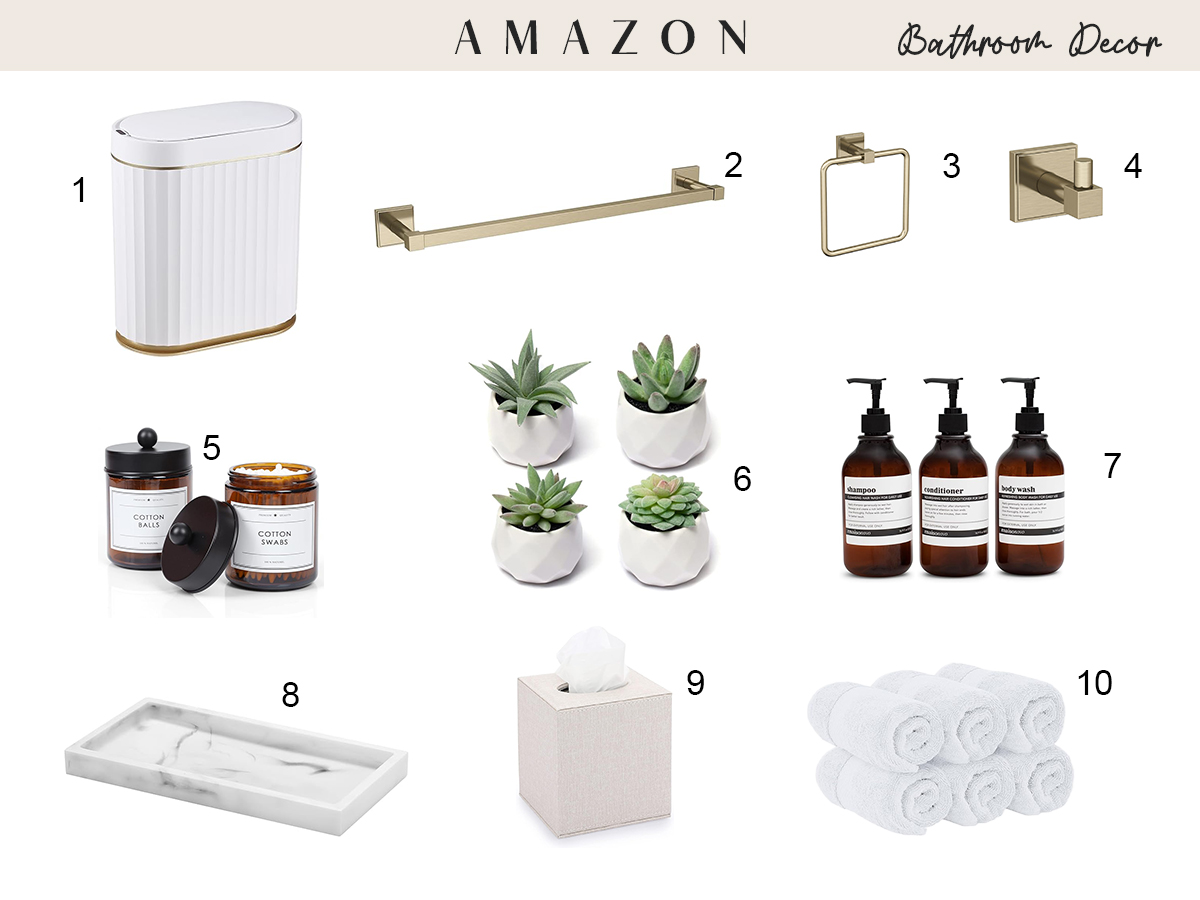 A stylish assortment of bathroom decor items from Amazon Home, featuring modern storage solutions and decorative accents.