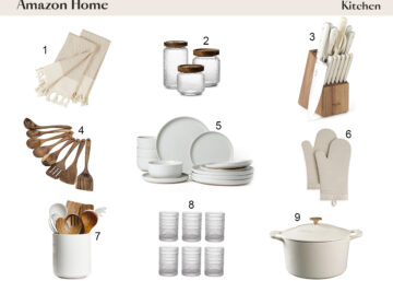 A curated collection of kitchen essentials featuring utensils, dinnerware, and storage solutions for a functional kitchen.