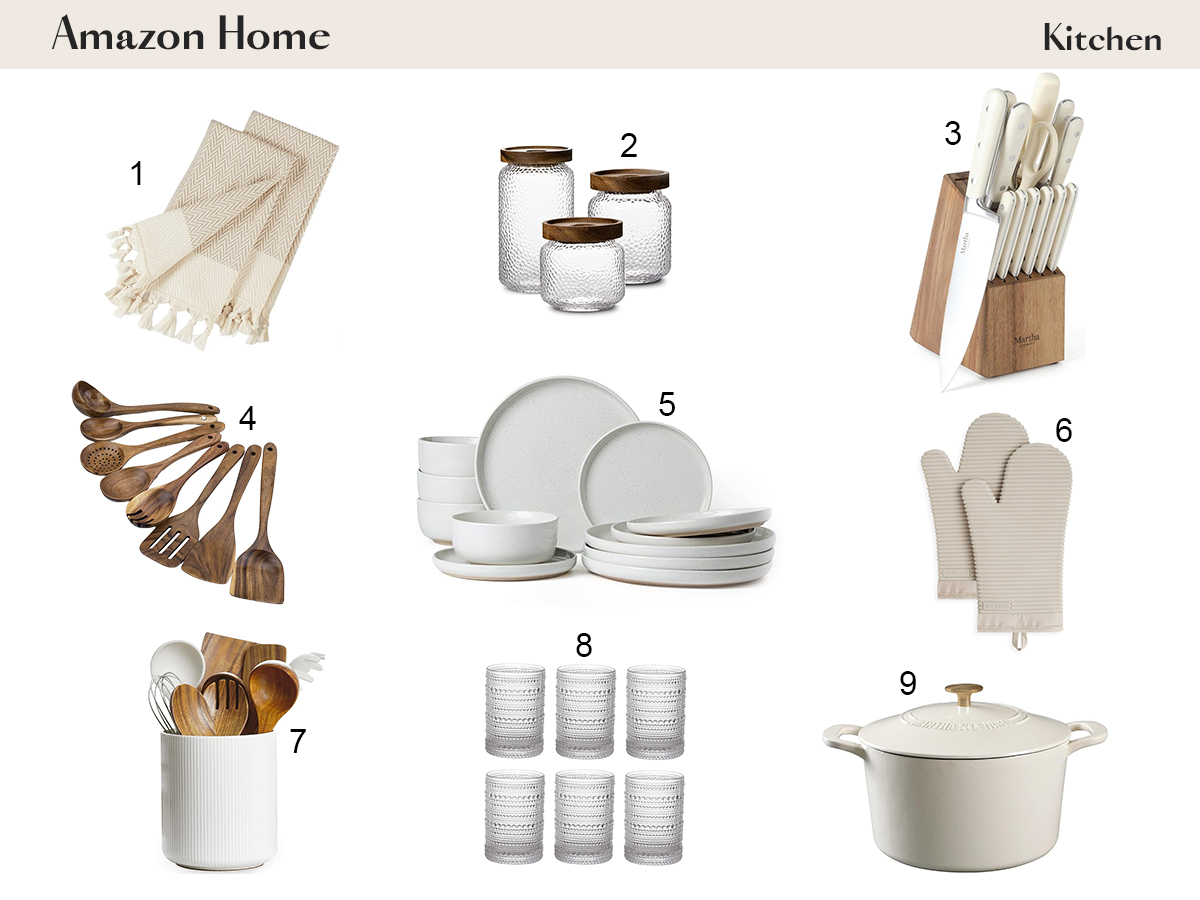 A curated collection of kitchen essentials featuring utensils, dinnerware, and storage solutions for a functional kitchen.