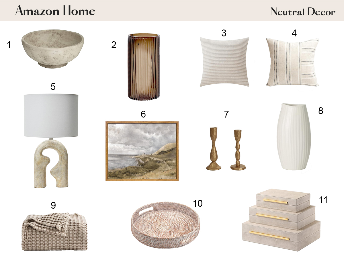 A stylish collection of neutral decor items featuring vases, decorative bowls, and accent pieces for an elegant home atmosphere.