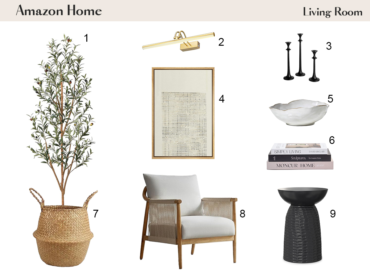 A stylish collection of living room decor items, featuring a faux plant, decorative accents, and a comfortable chair to enhance your space.