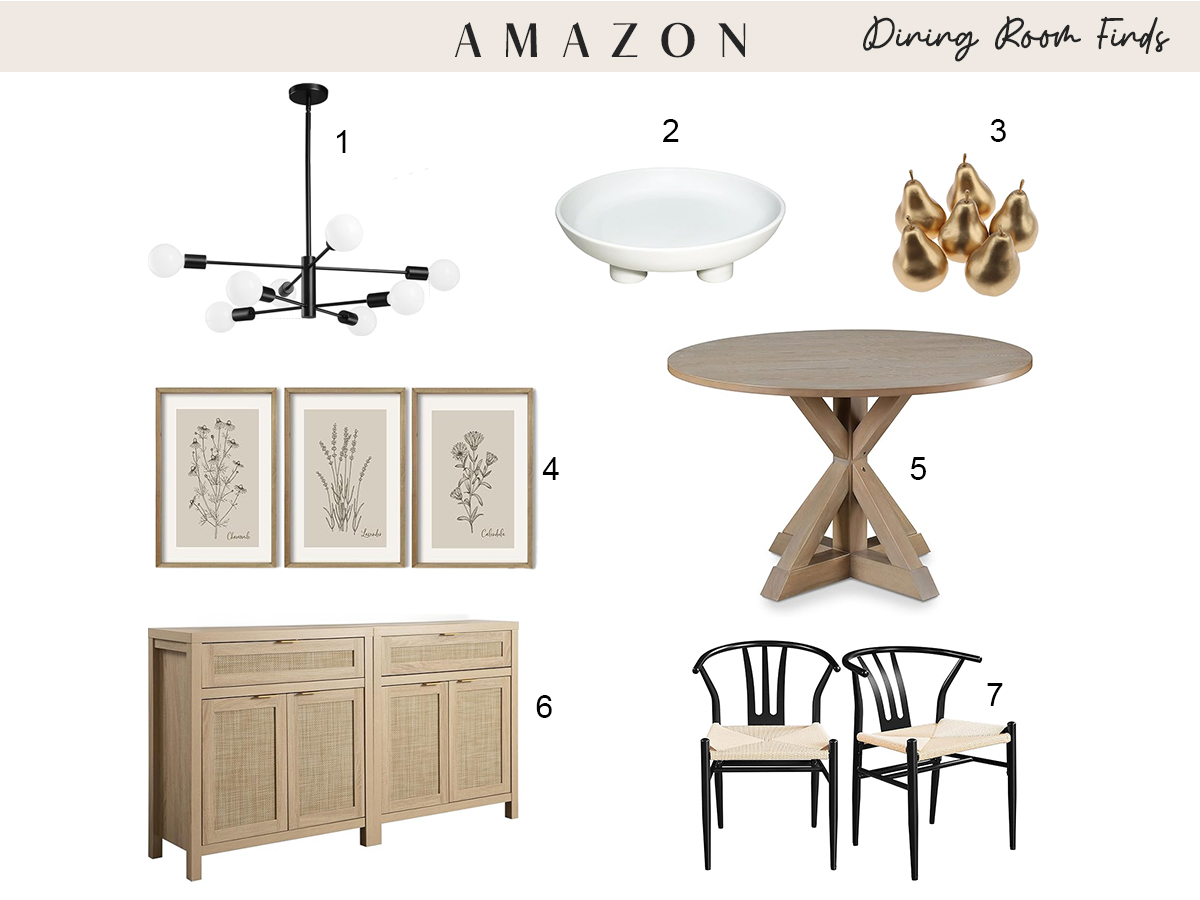 A curated collection of dining room decor items, including a stylish chandelier, elegant table, and decorative accents to enhance your dining experience.